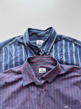 Lot of 2 LACOSTE Navy Blue Red Striped Cotton Casual Button Down Shirts, Size 43